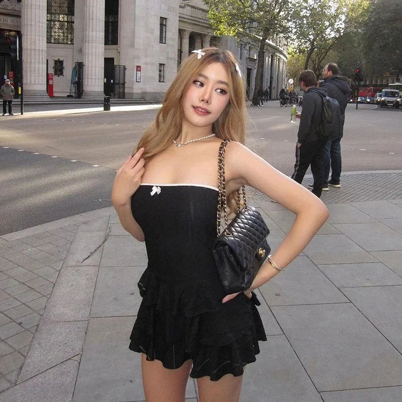 Solid Color Tube Frill Mini Dress