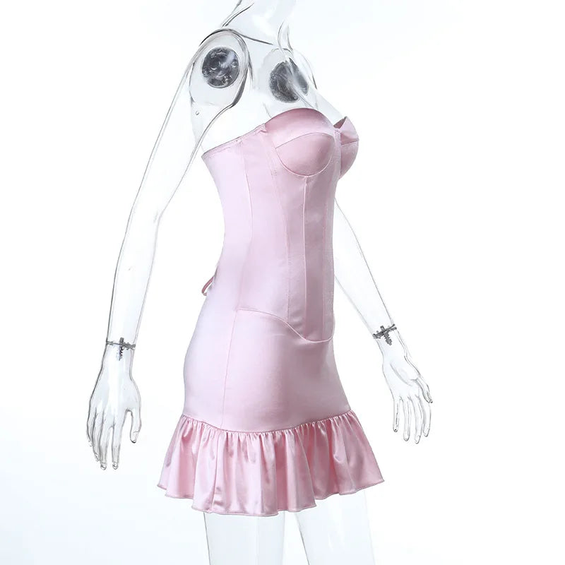 Pink Satin Bustier Frill Mini Dress