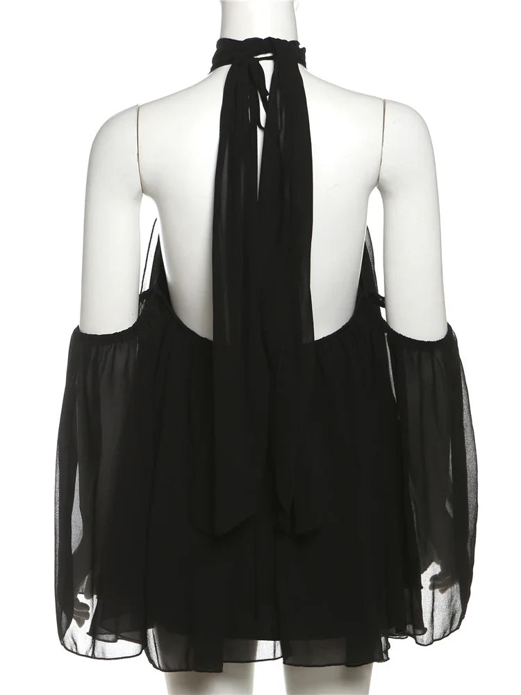 Frill Off-shoulder Long Sleeve Chocker Mini Dress