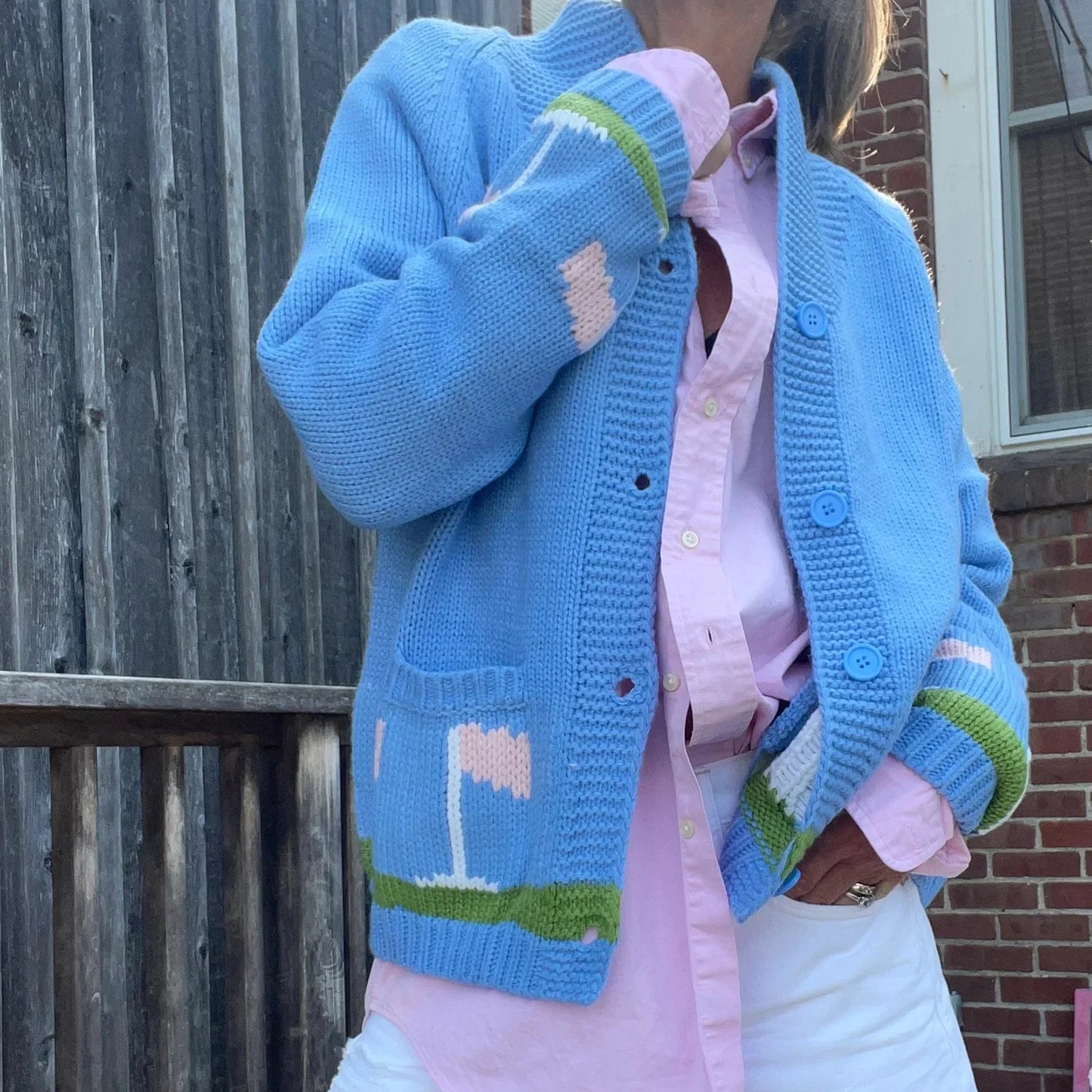 Blue Golf Car/Heart Print Long Sleeve Lapel Button-down Knitwear Cardigan with Pockets