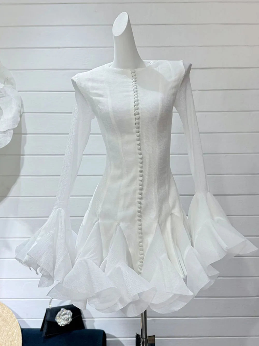 Frill Buttoned Long Sleeve Midi Dress