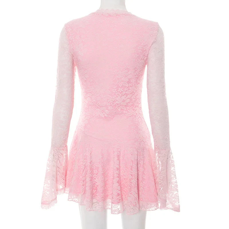 Lace Flare Long Sleeve Flare Mini Dress