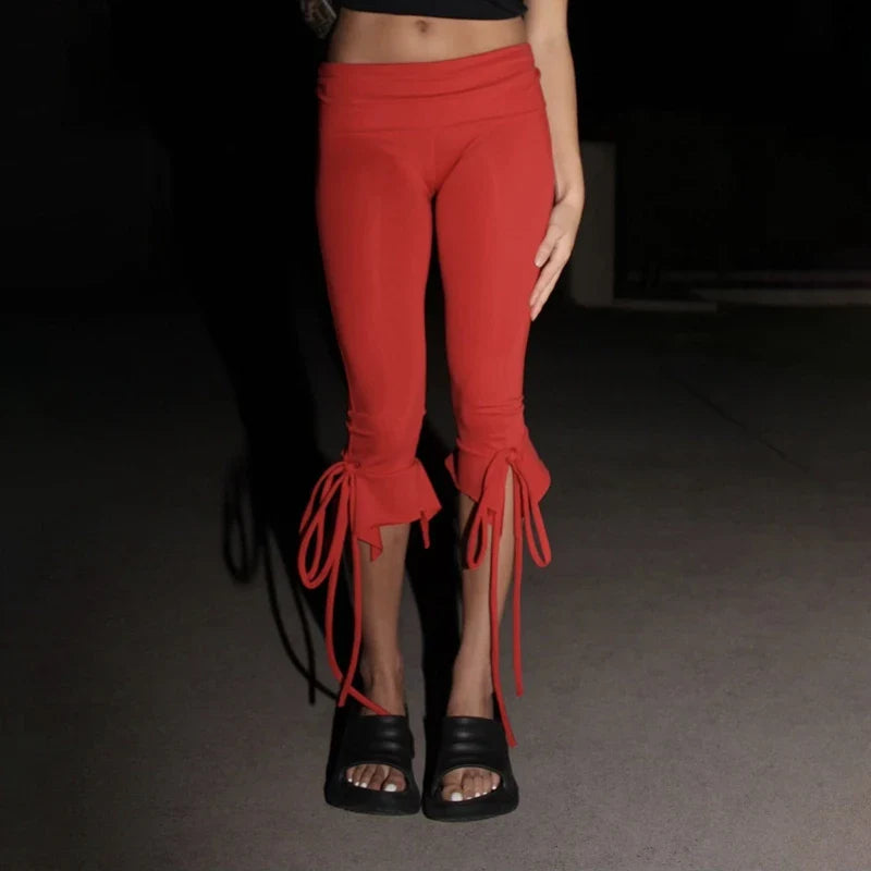 Solid Tie-up Ruffles Hem Capri Pants
