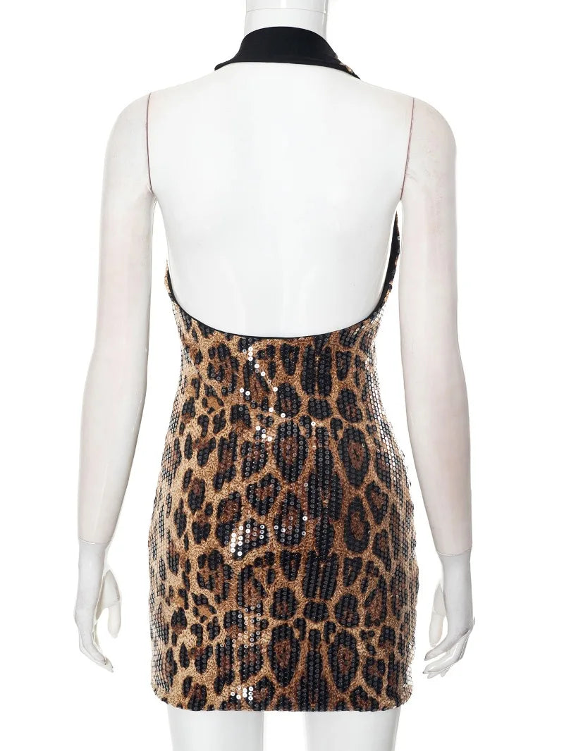 Leopard Print Sequin Deep Neck Halter Mini Dress