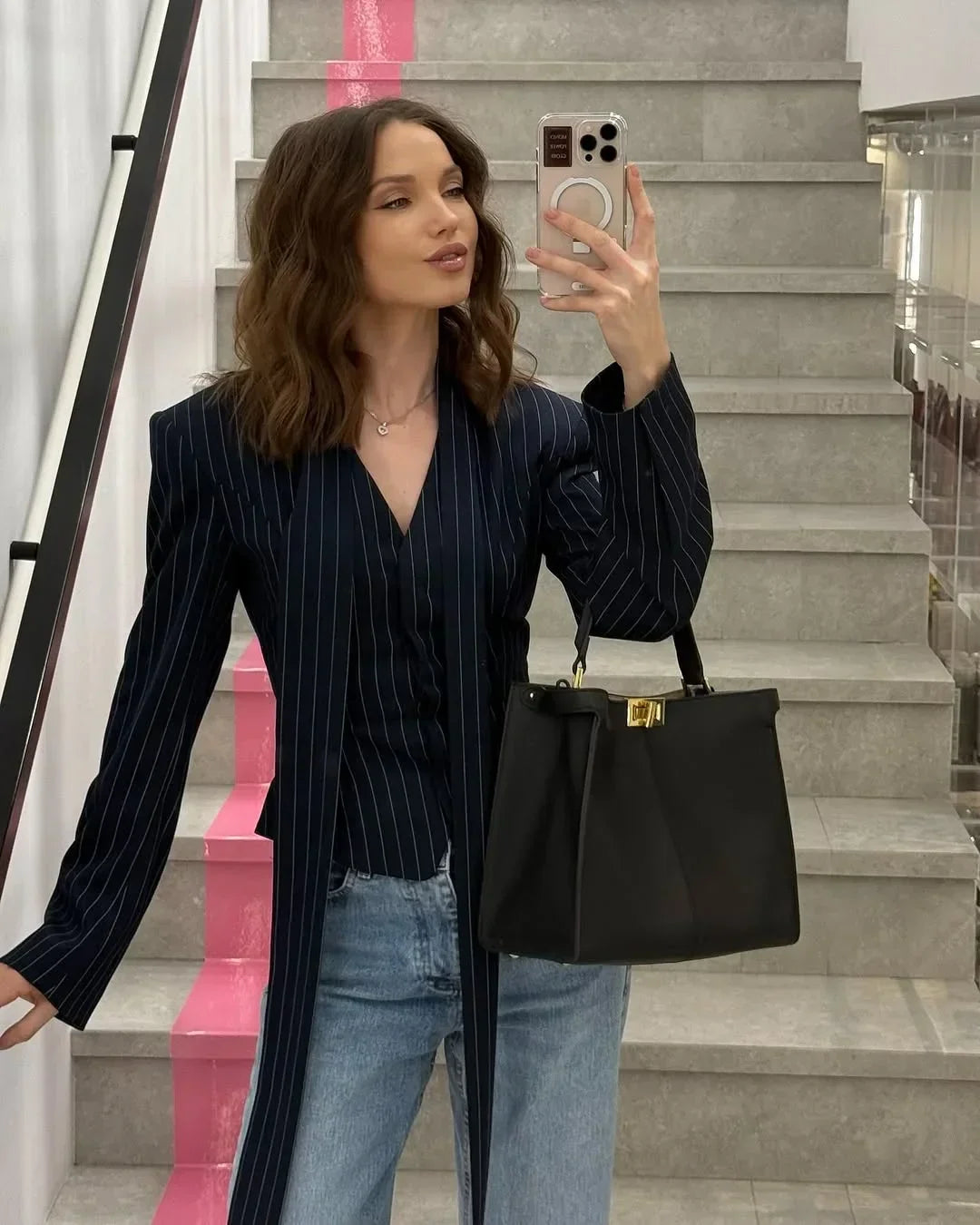 Stripe Tailored Coat With Scarf Top