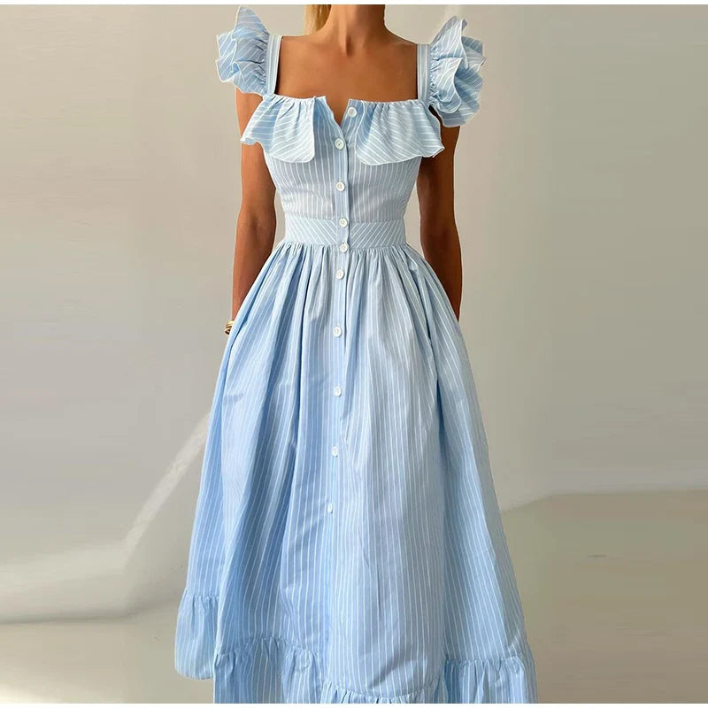Ruffles Striped Square Collar Buttoned Long Dress