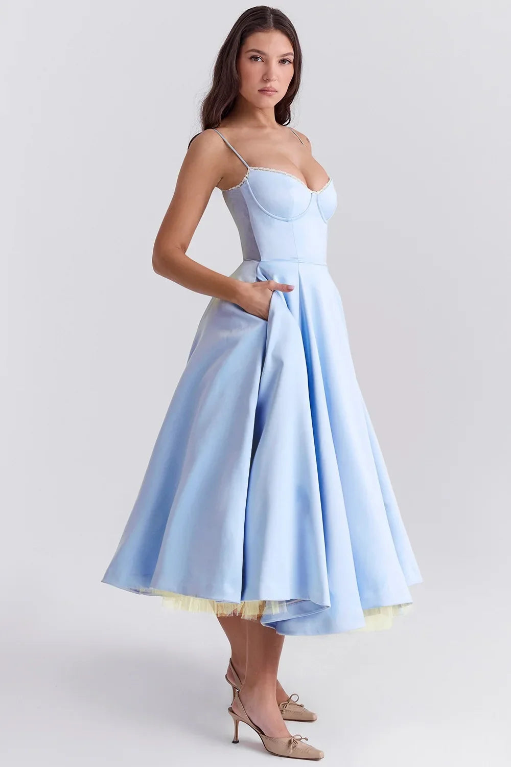 Satin Bustier Strap Tulle Midi Dress