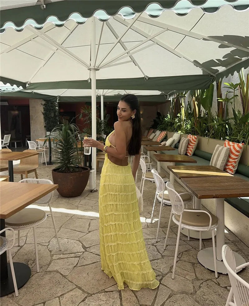 Halter Textured Open Back Maxi Dress