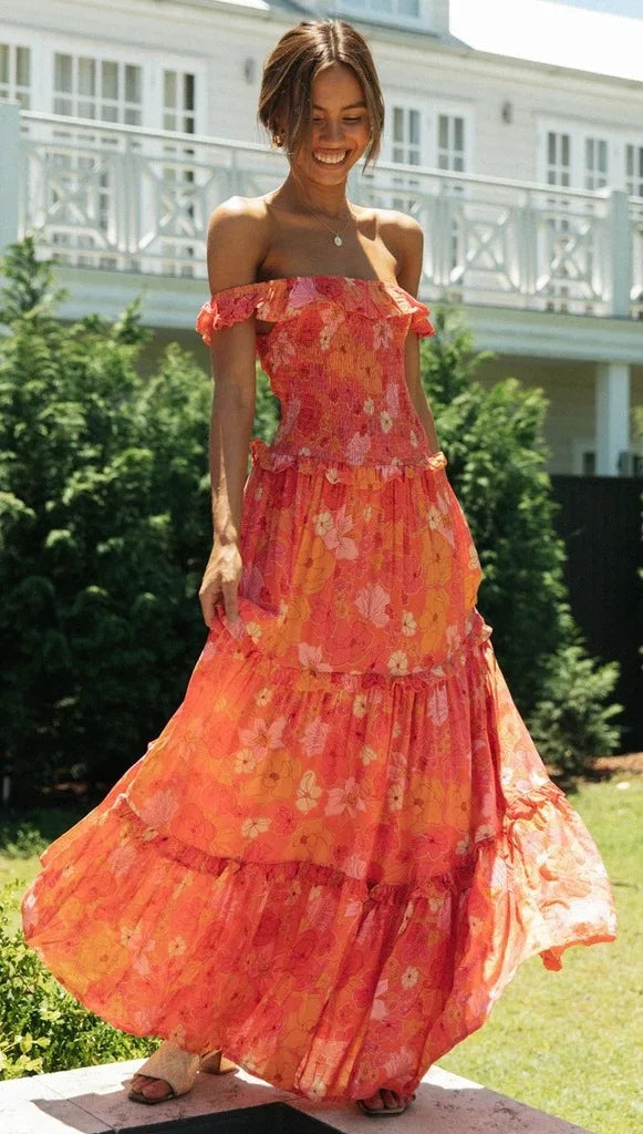 Flowers Print Off Shoulder Long Dress