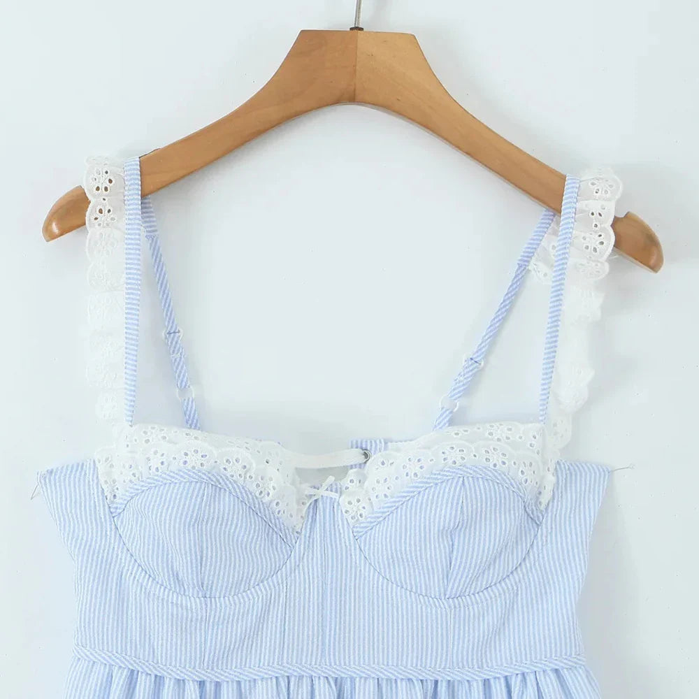 Blue Stripe Lace Trim Babydoll Mini Dress