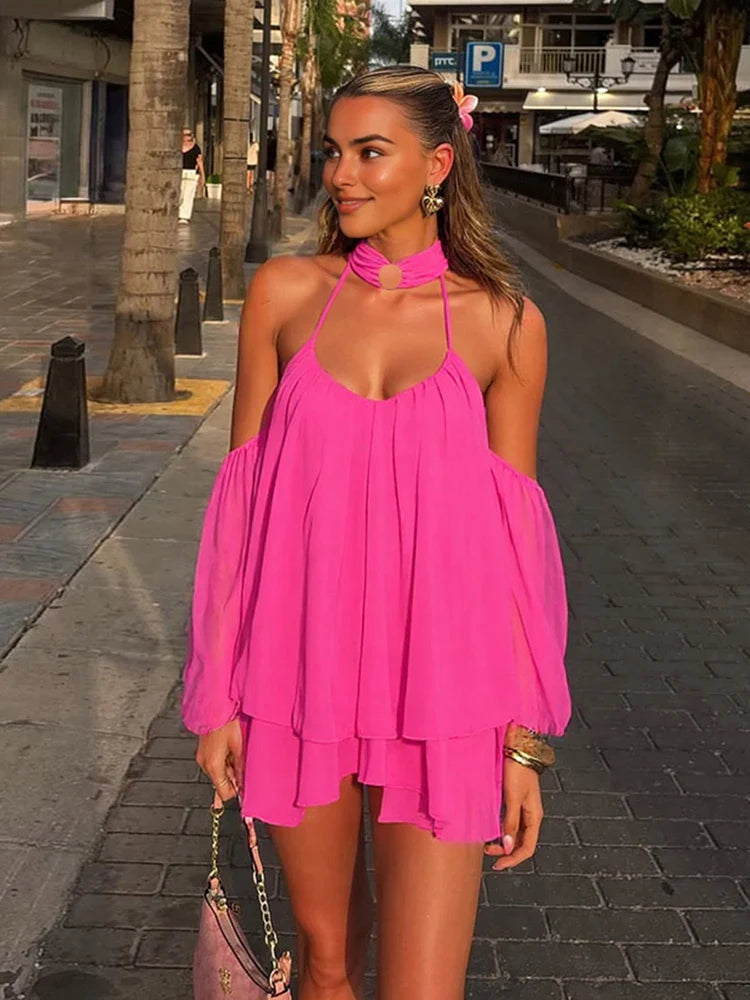 Frill Off-shoulder Long Sleeve Chocker Mini Dress