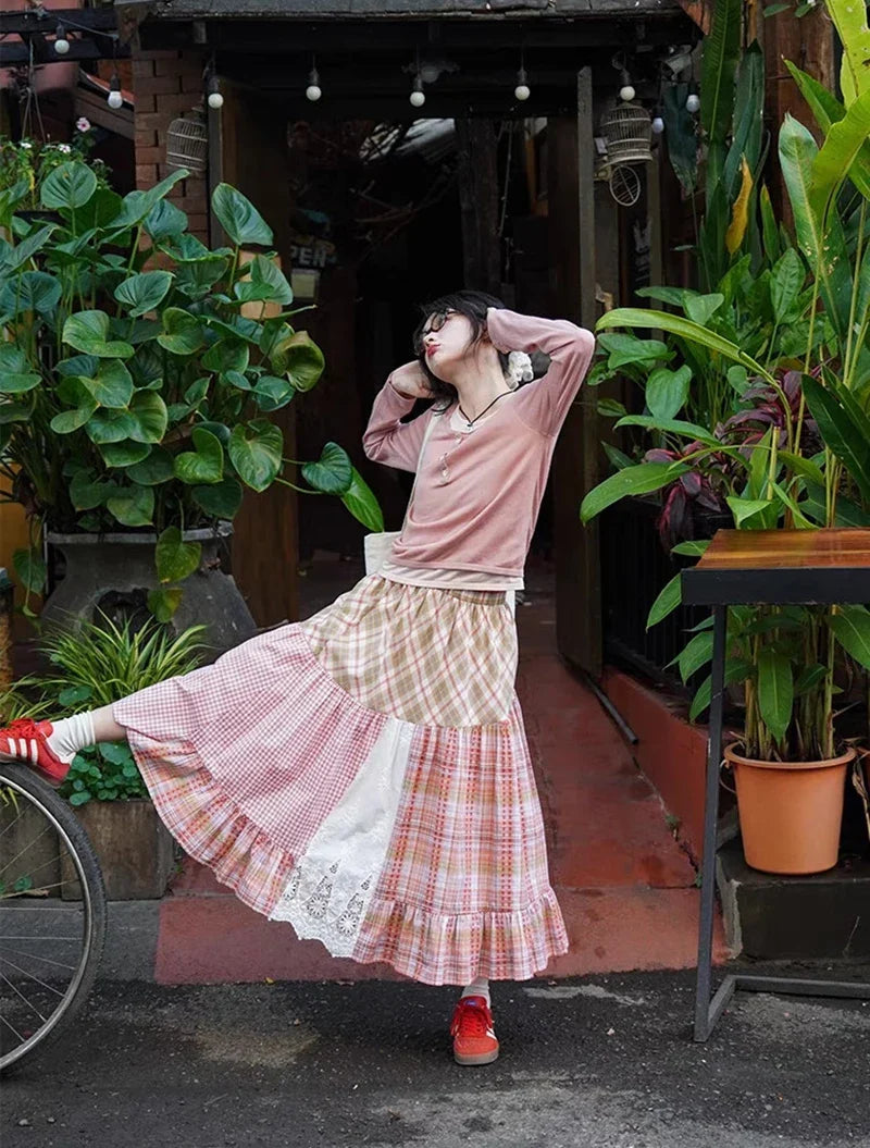 Plaid Patchwork Midi Skirt - Streetwear A-Line
