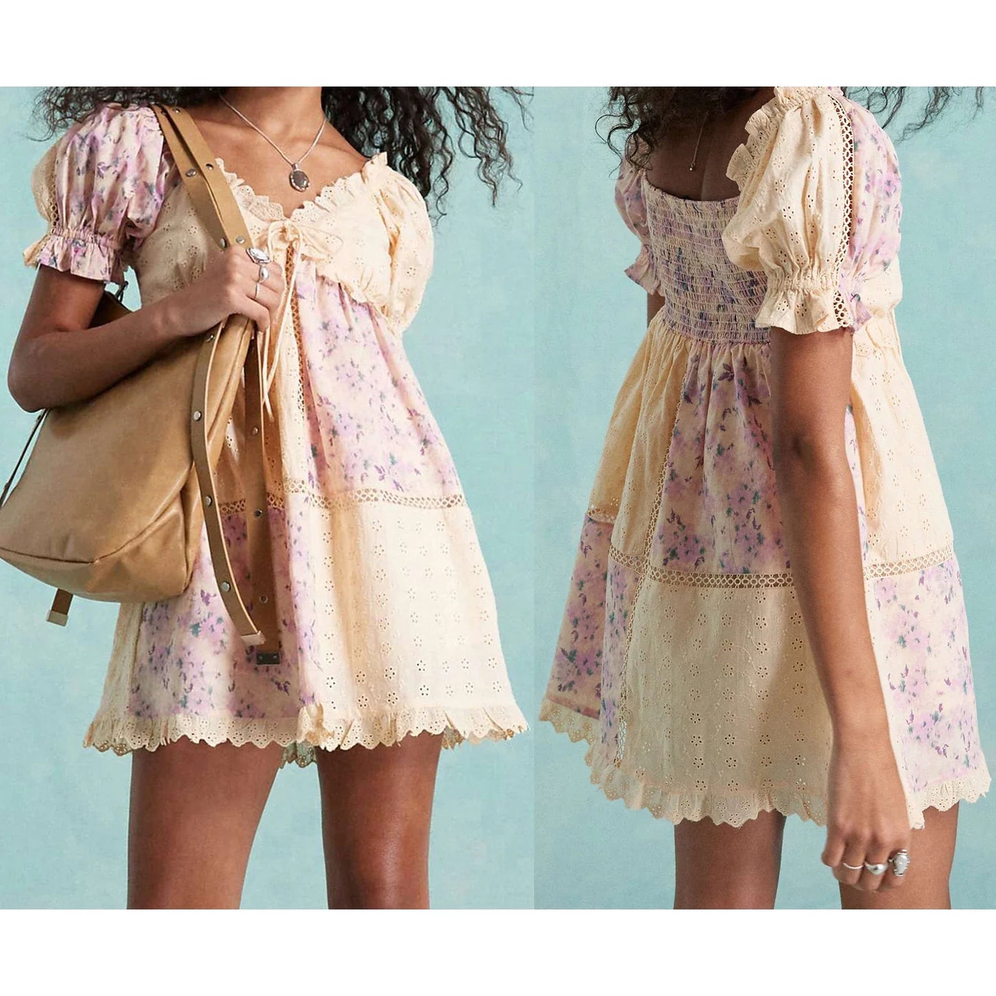 Floral Print Bow Tie Front Puff Sleeve Babydoll Mini Dress