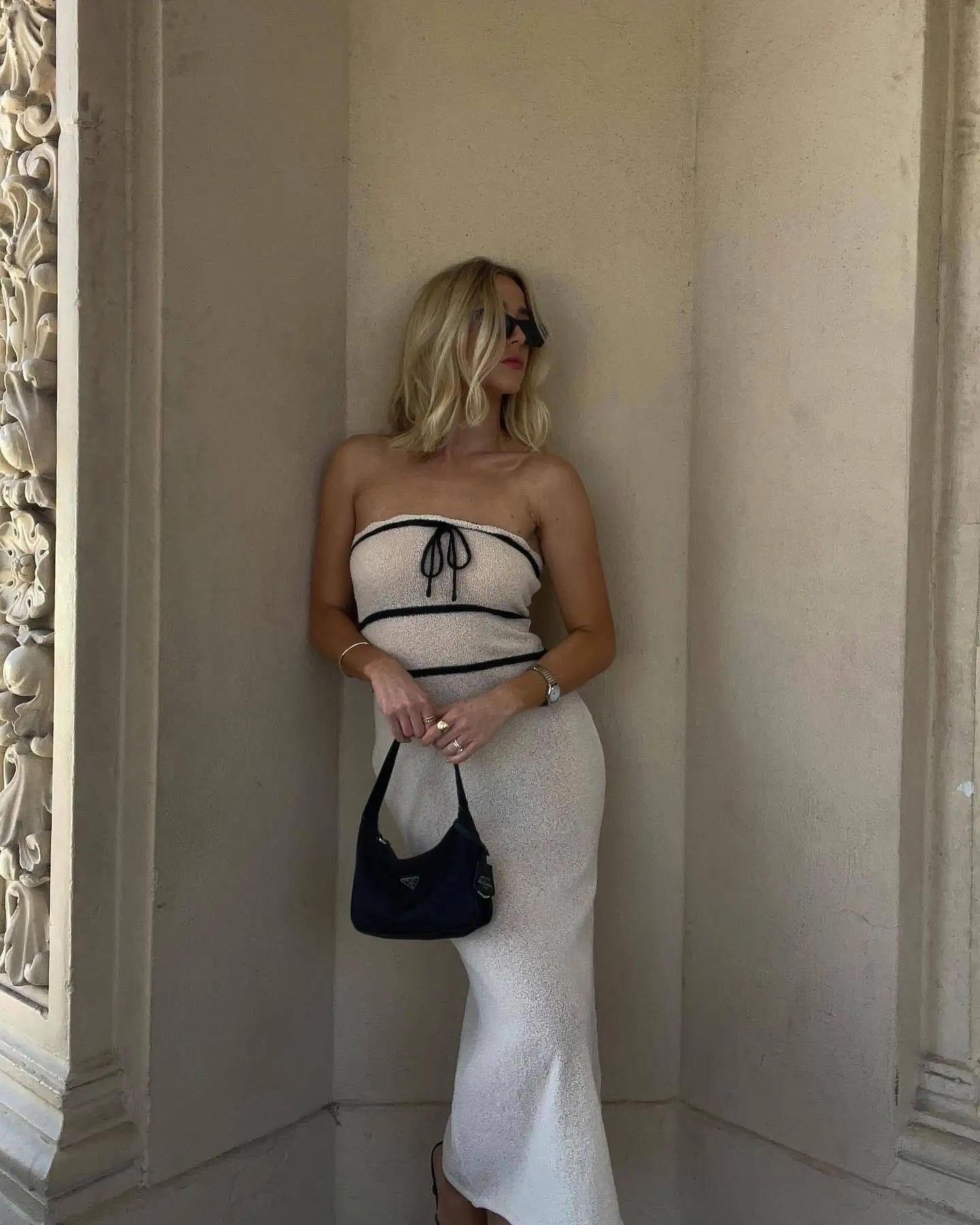 Knit Tube Black Stripe Tie-Up Midi Dress