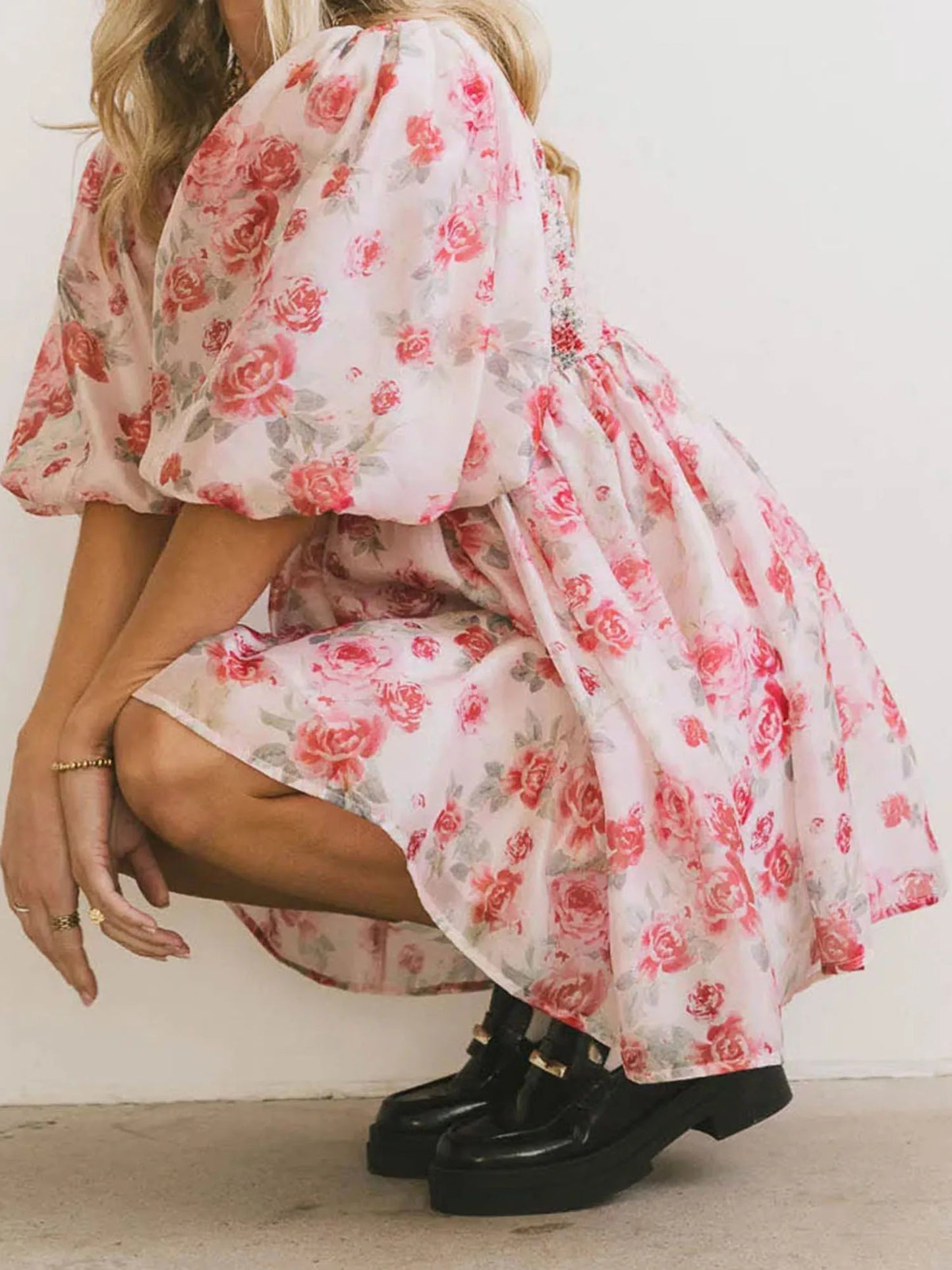 Floral Print Short Puff Sleeve Mesh Layered Babydoll Short Dress