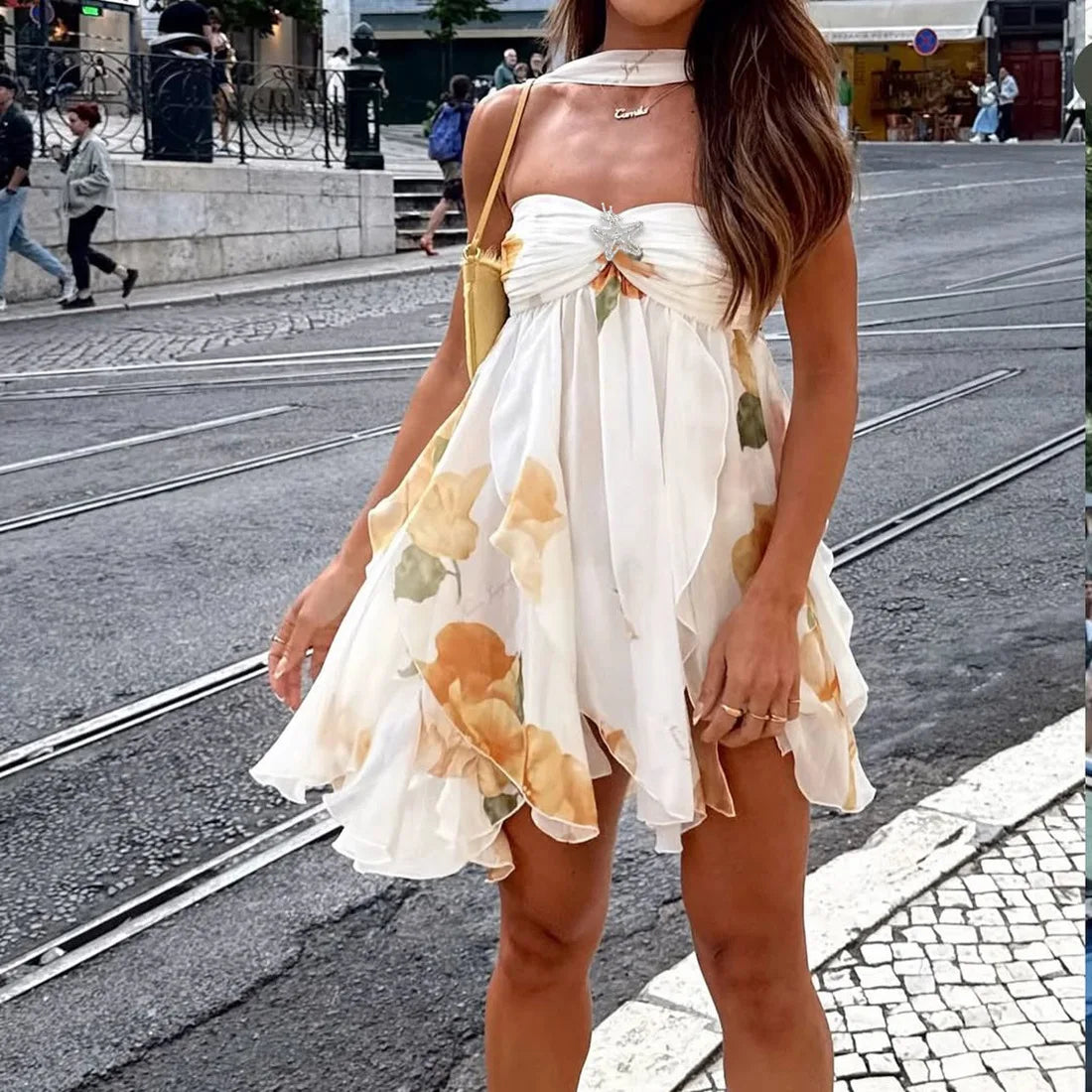 Frill Halter Around Neck Strapless Mini Dress