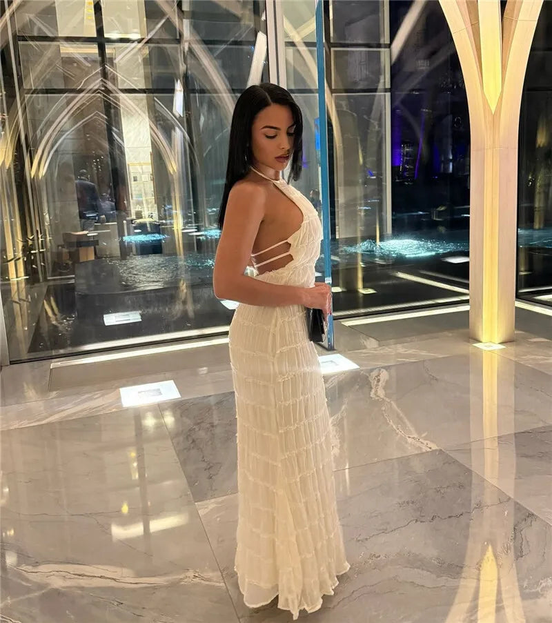 Halter Textured Open Back Maxi Dress