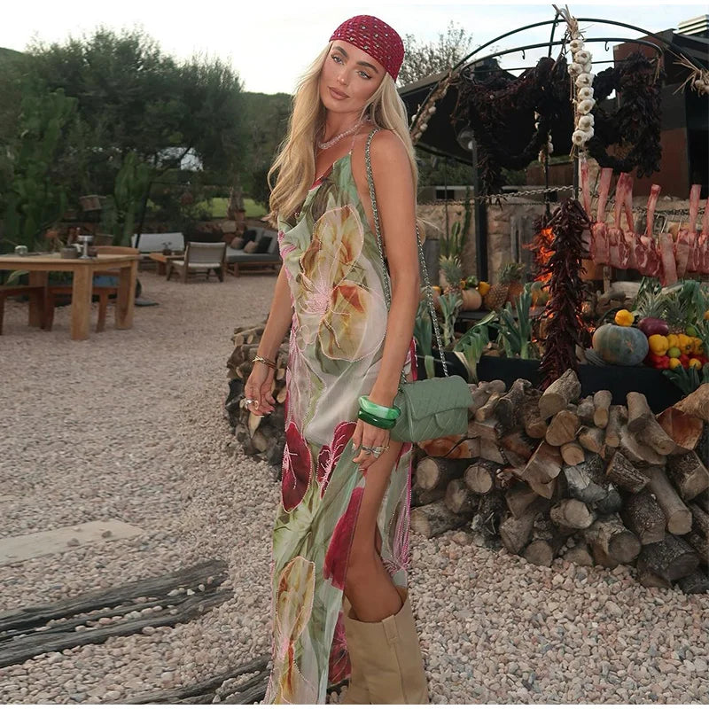 Printed Embroidered Cami Maxi Dress â€?Halter Neck Style