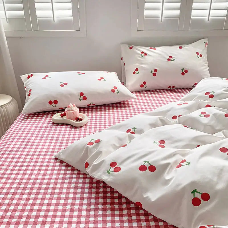 Red Cherry Plaid Duvet Cover Set with Sheet Pillowcase Soft Cover NoFilling Warm Bed Linen Twin Full Queen Size Home Bedding Set