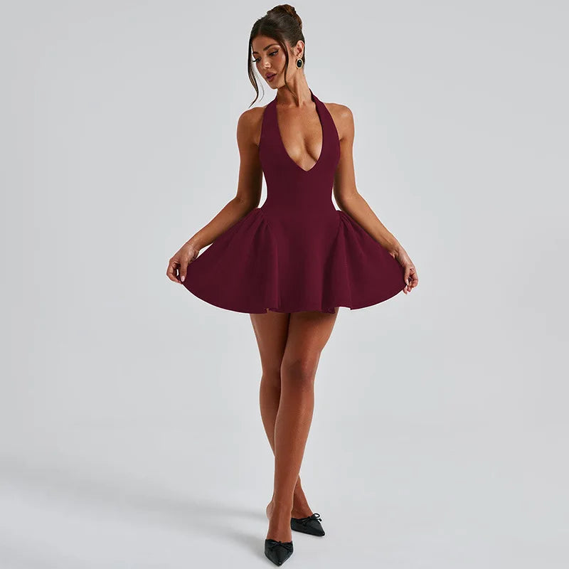 Deep V-Halter Backless A-line Mini Dress