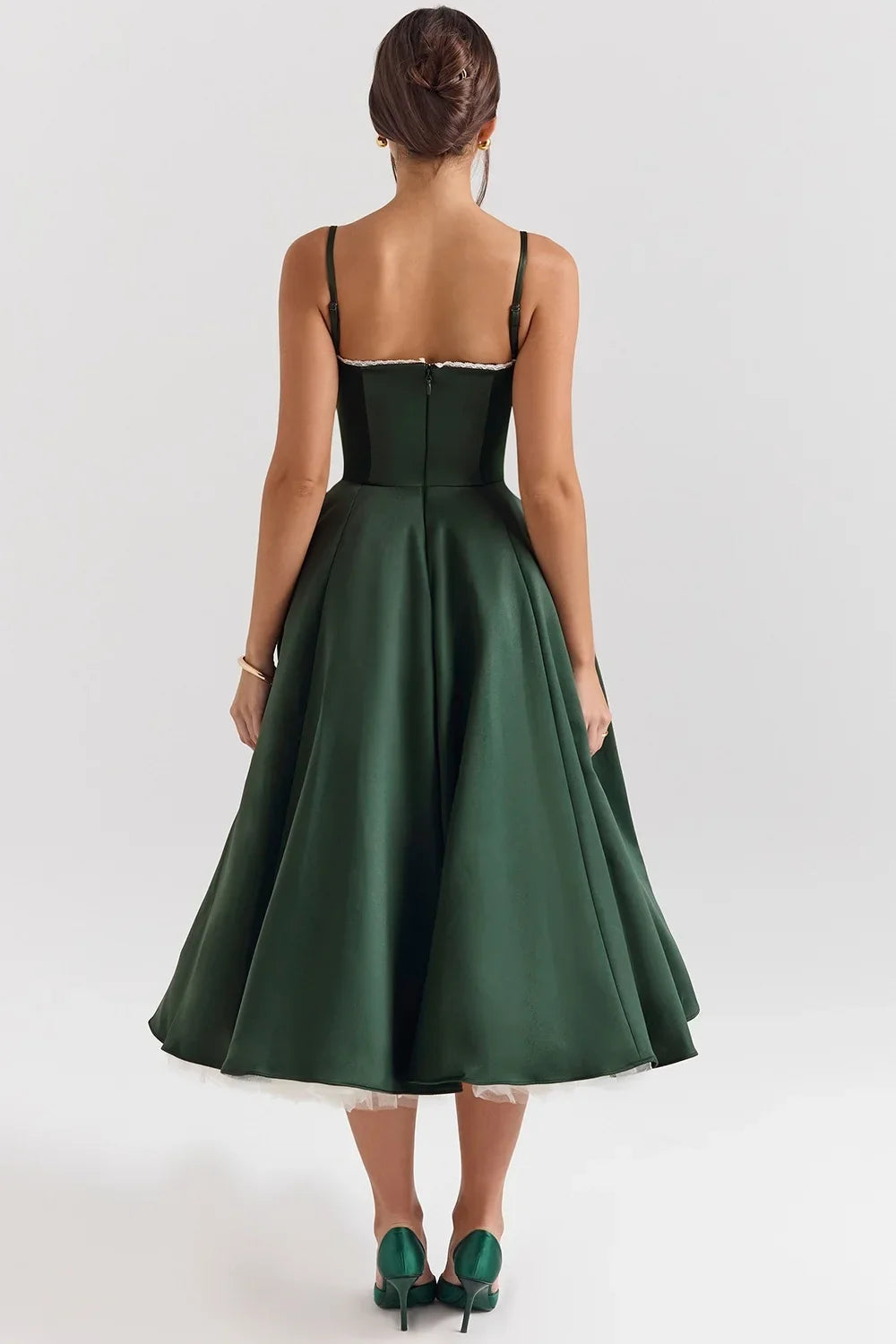 Satin Bustier Strap Tulle Midi Dress