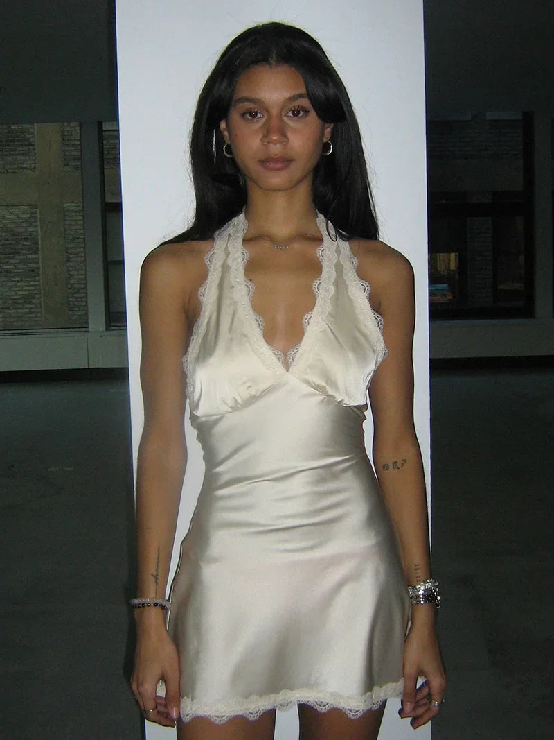 Halter Trim V-Neck Mini Satin Dress