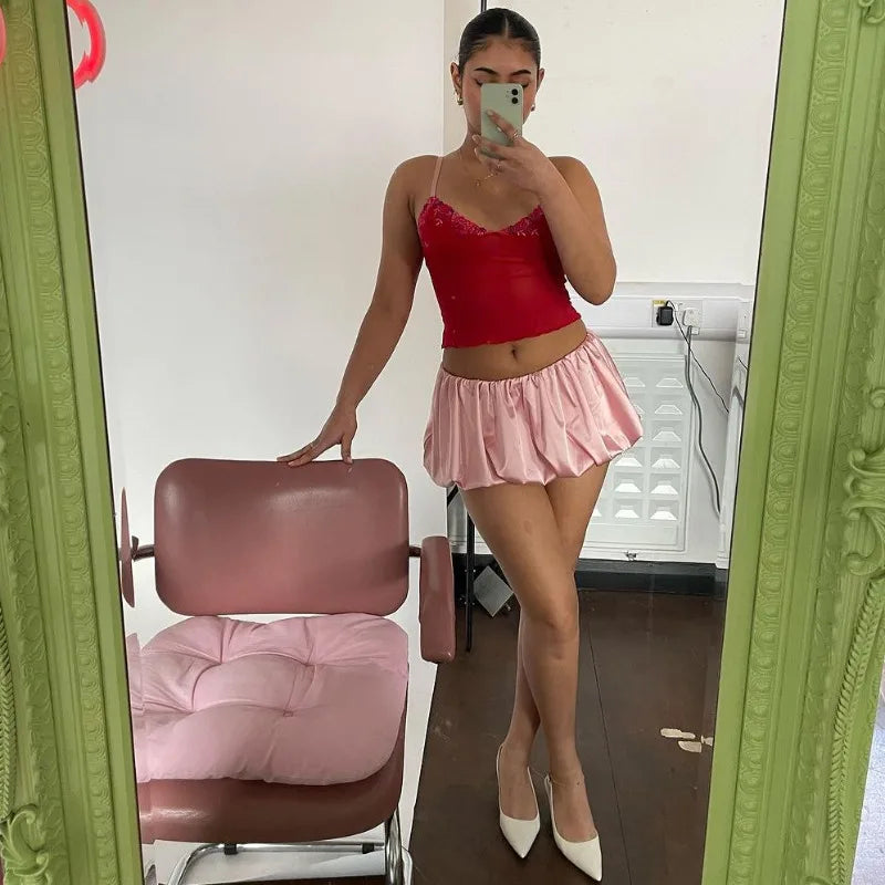 Satin Puff Low Waist Mini Skirt