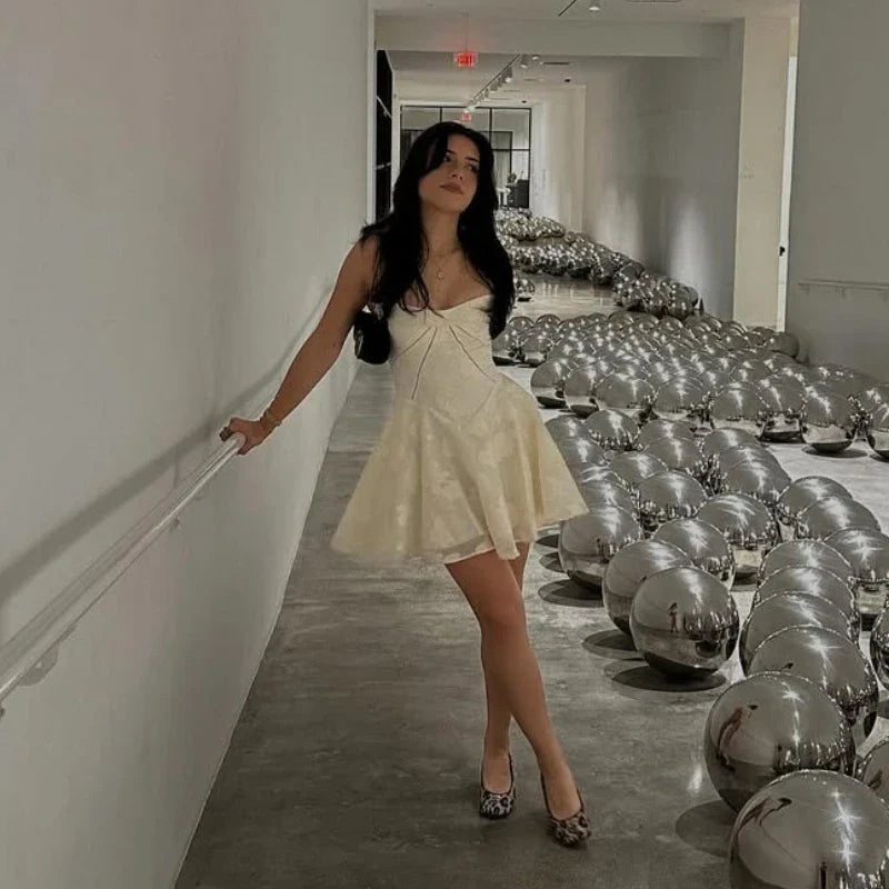 Jacquard Layered Lace Up Cami Mini Dress