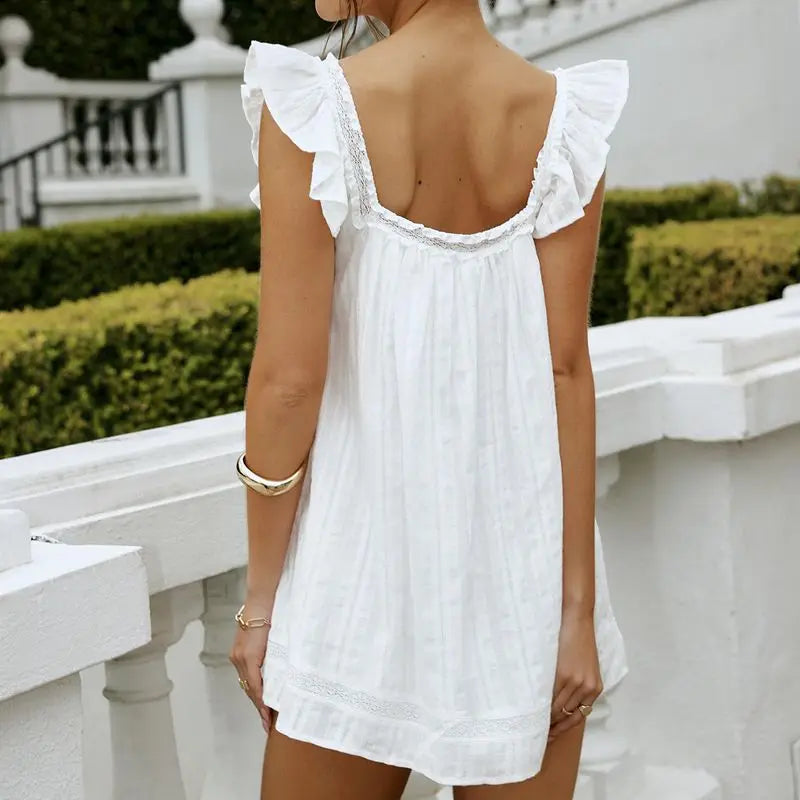 White Frill Trim Square Neck Mini Pleated Dress