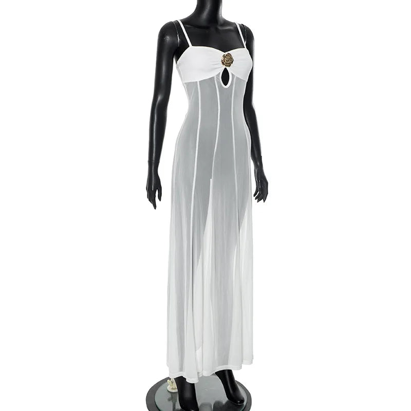 Sheer Gold Flower Strap Midi Dress