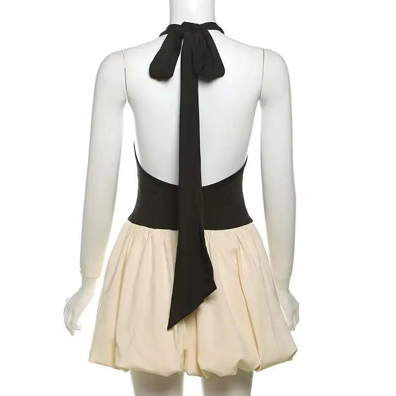 Sleeveless Puff Patchwork Mini Dress