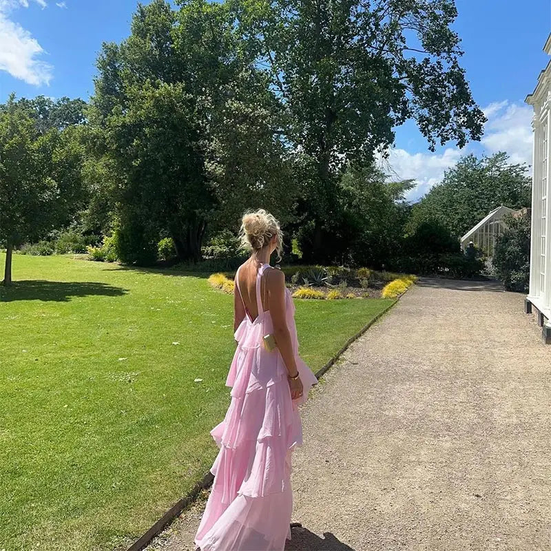 Pink Pleated Halter Maxi Dress