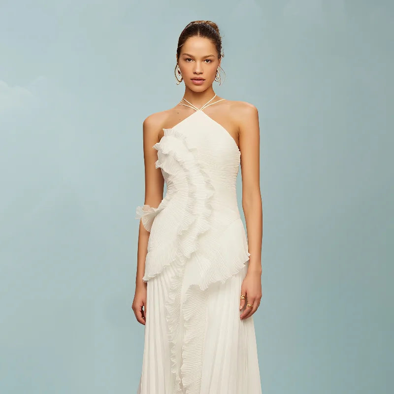 Ruffles Tiered Halter Strap Midi Dress - Casual Slim Fit