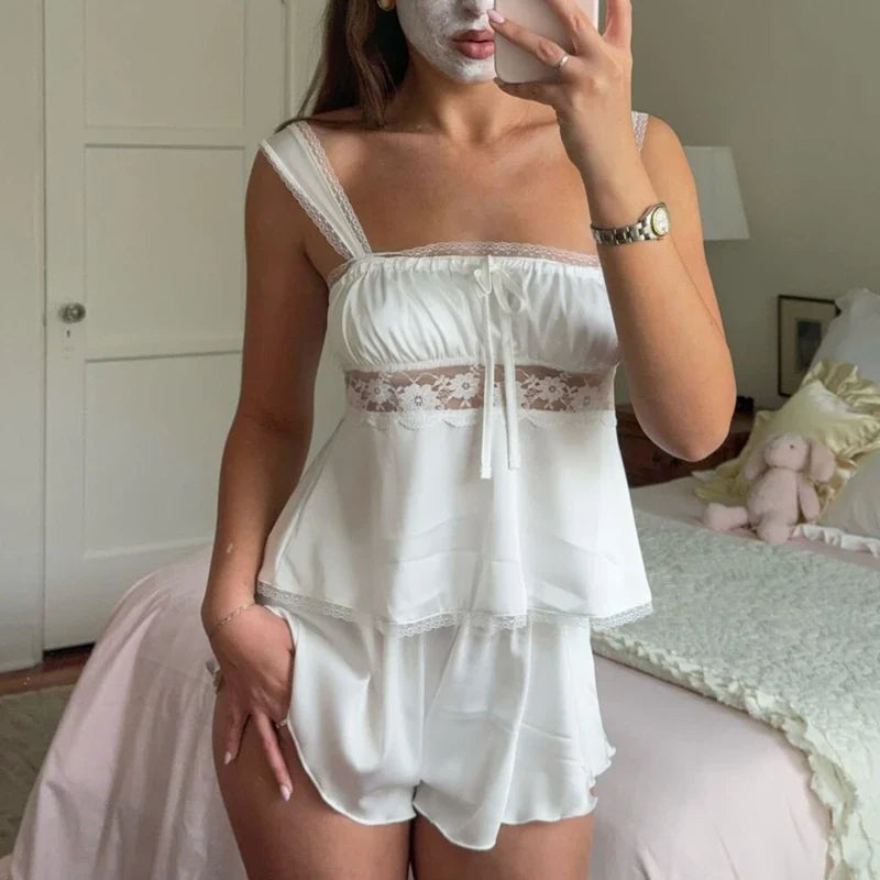 Babydoll Lace Trim Satin Pj Shorts And Square Neck Ruffles Tank Top Set