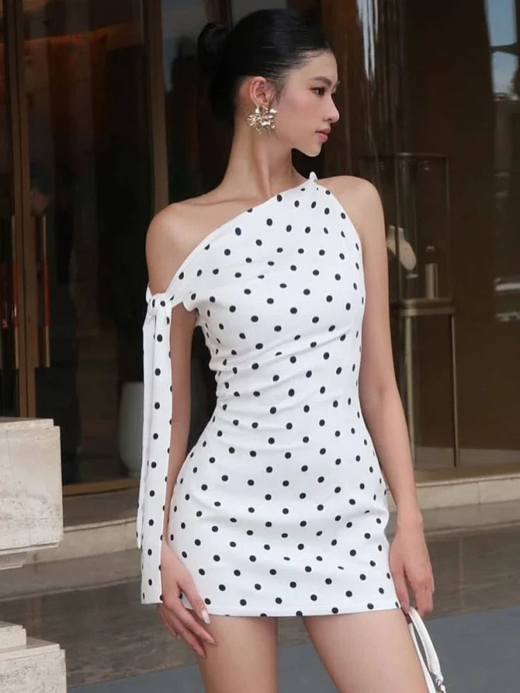 White Polka Dot Tie Up One Shoulder Mini Dress