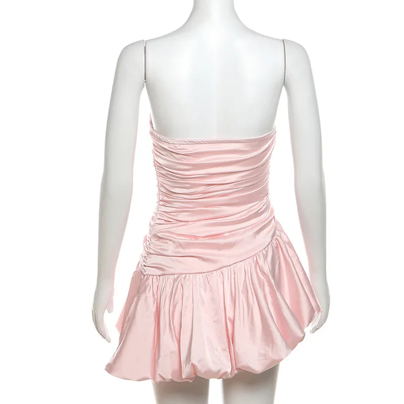 Satin Ruched Puff Mini Dress