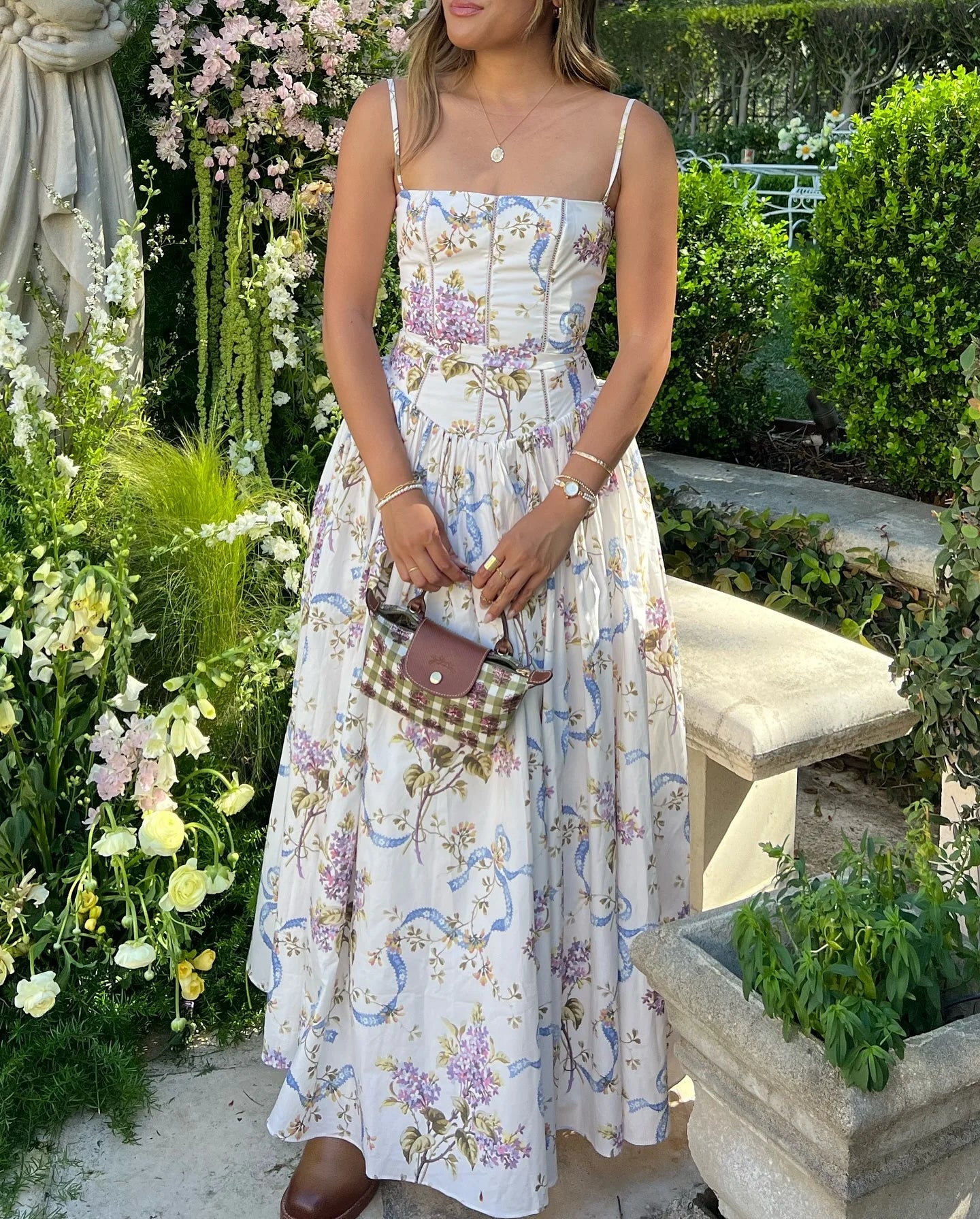 Strap Floral Printed Straight Neck Midi Dress