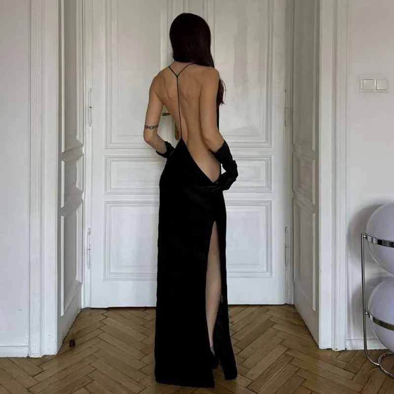 Striped Sheer Maxi Dress â€?Black Open Back Style