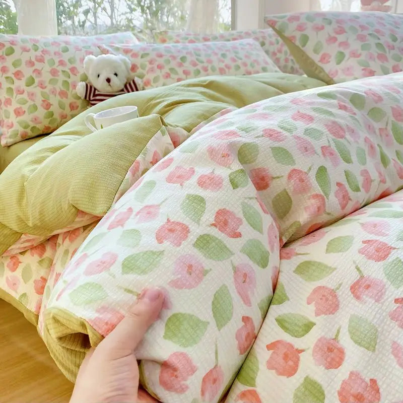 Pink Floral Duvet Cover Set Flowers Sheet Pillowcase Soft Cover No Filling Warm Bed Linen Twin Full Queen Size Home Bedding Set