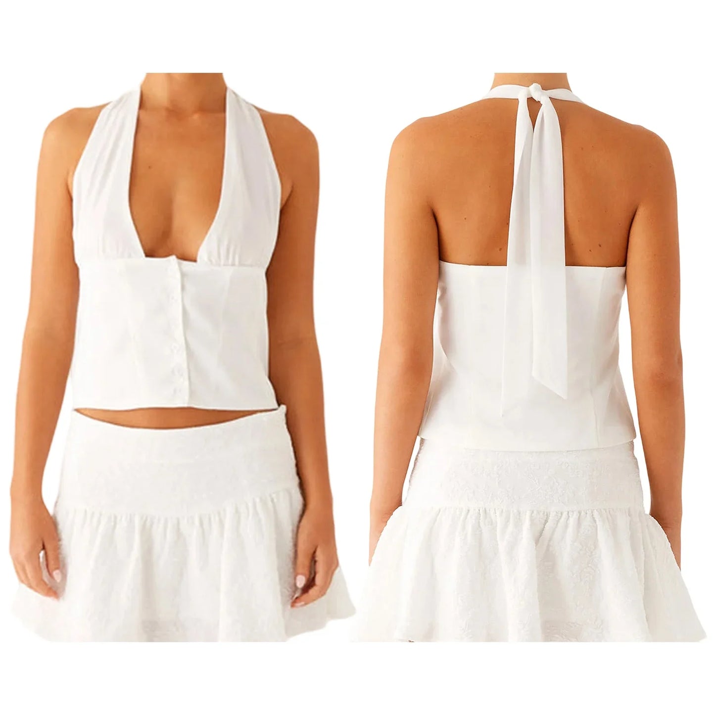 Printed Tie-up Halter Deep V-Neck Crop Top