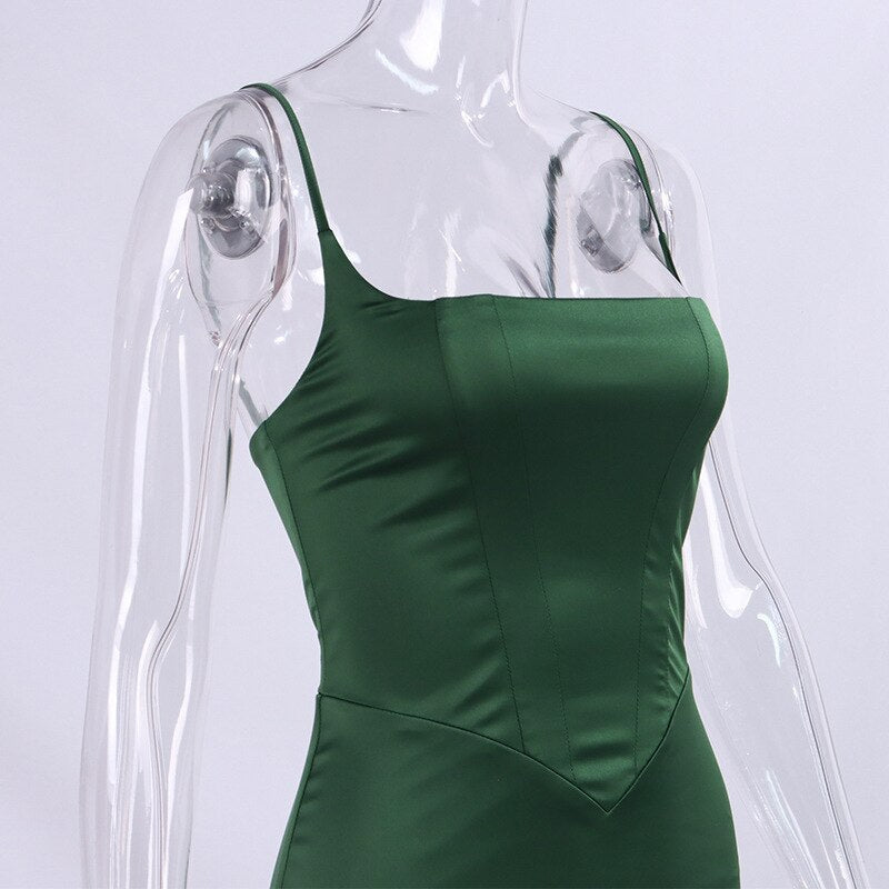 Green Satin Strappy Corset Maxi Dress