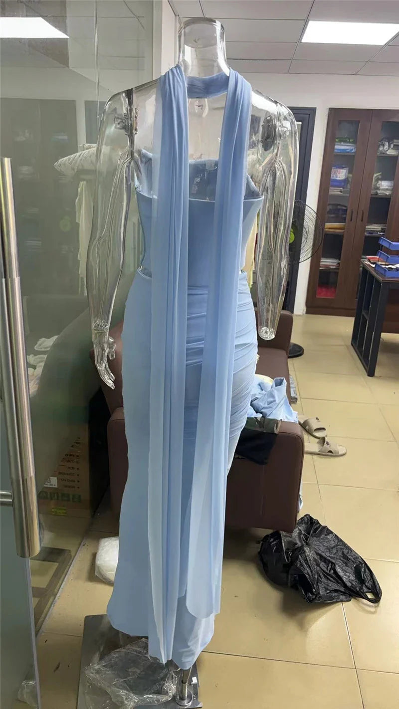 Solid Ruched Corset Top And Body-con Maxi Dress With Scarf Set