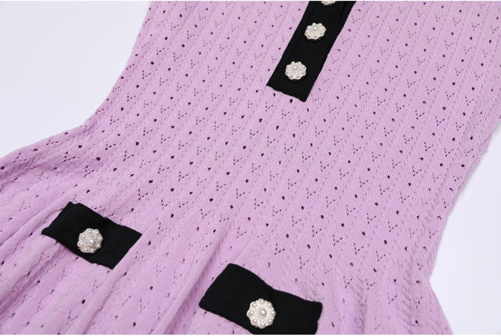 Contrast Trim Button Knit Collar Mini Dress