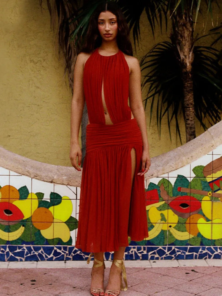 Deep Open Back Sheer Halter Maxi Dress