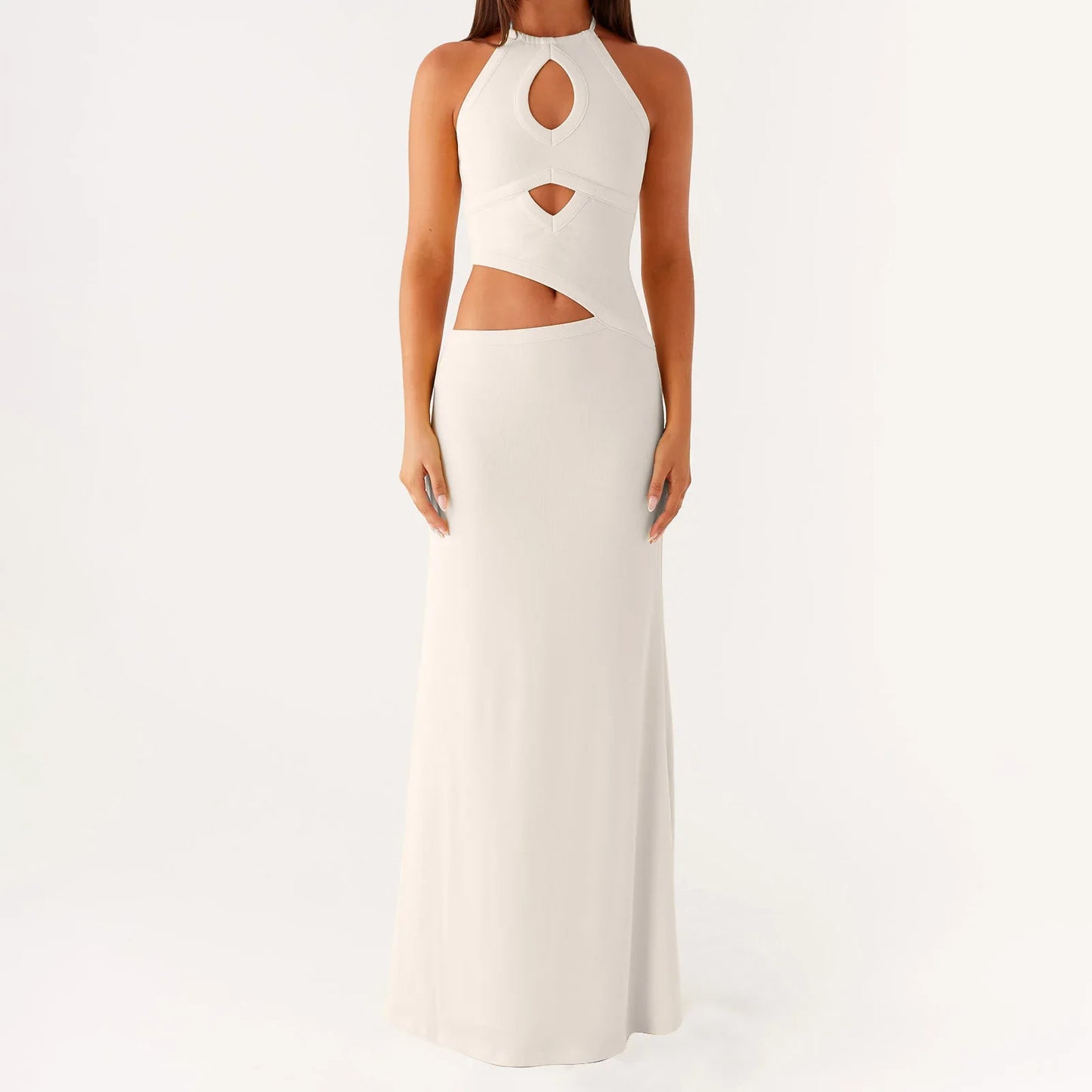 Cutout Solid Long Dress - Halter Neck A-Line