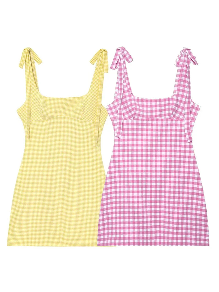 Checkered Tie Up Straight Mini Dress