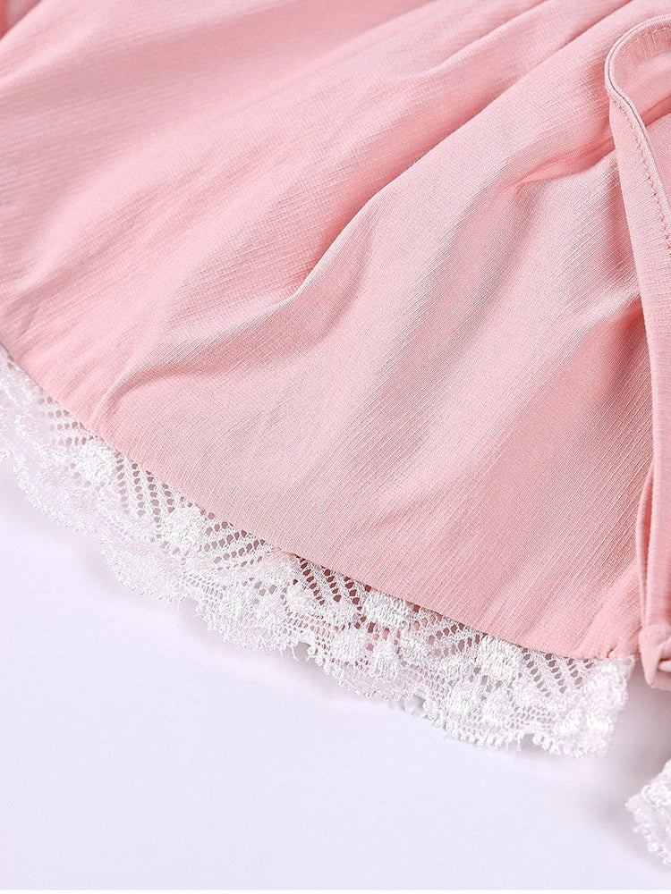Pink Puff Sleeve Short Lace Trim Mini Dress