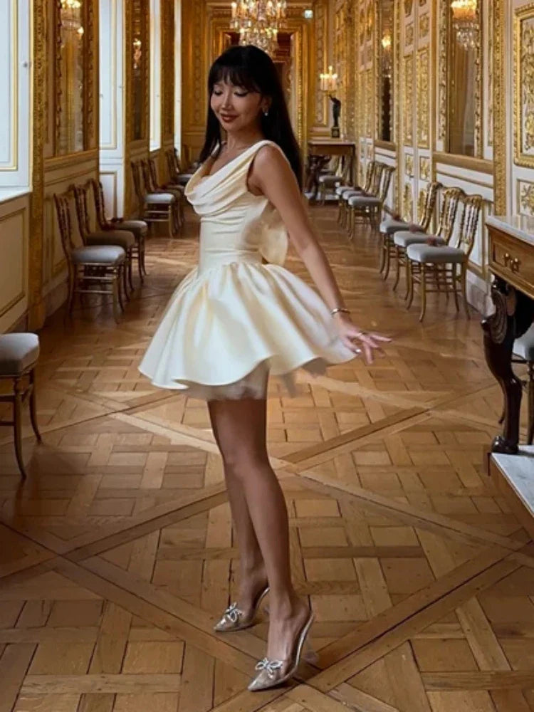 Satin Cowl Neck Back Lace Up Mini Dress