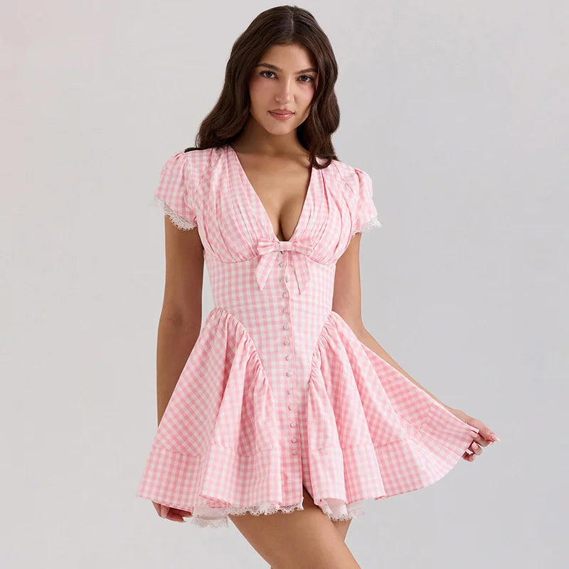 Plaid Print Puff Sleeve V-Neck Bow Flare Mini Dress