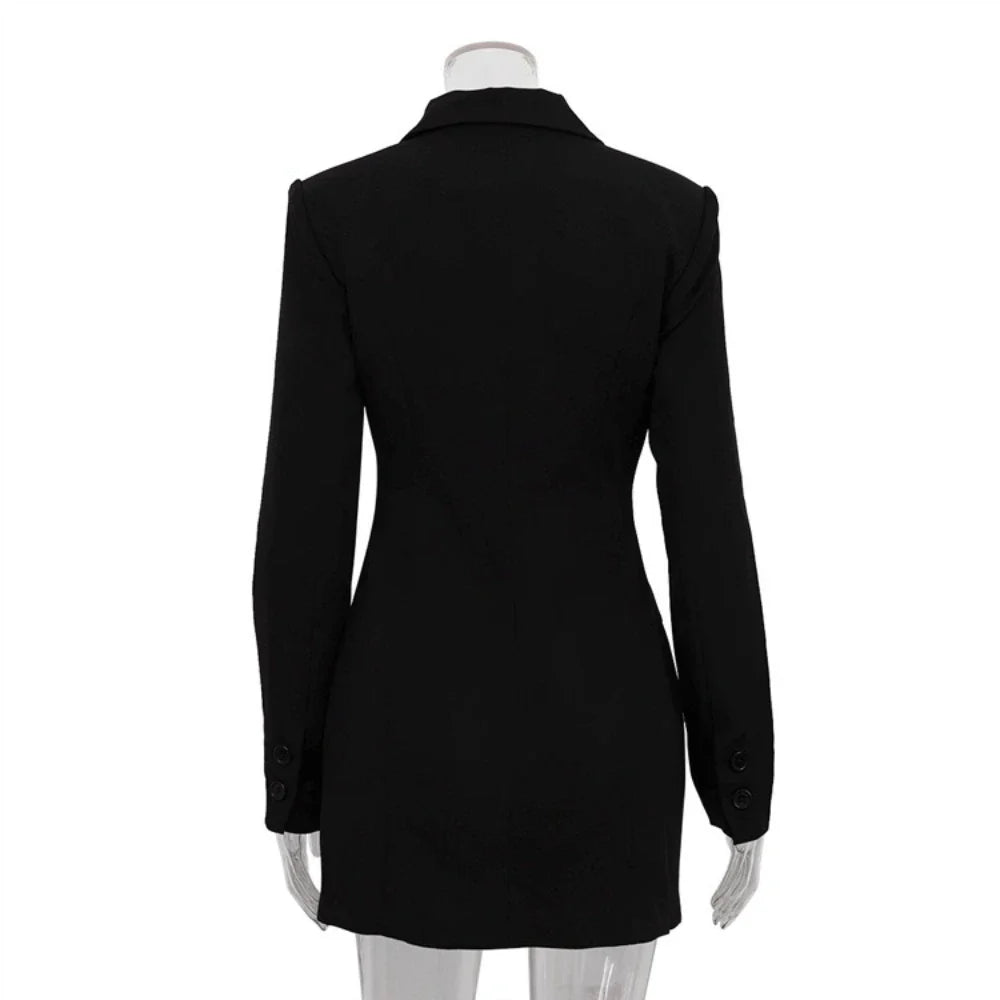 Black Lapel Long Sleeve Buttoned Mini Suit Dress